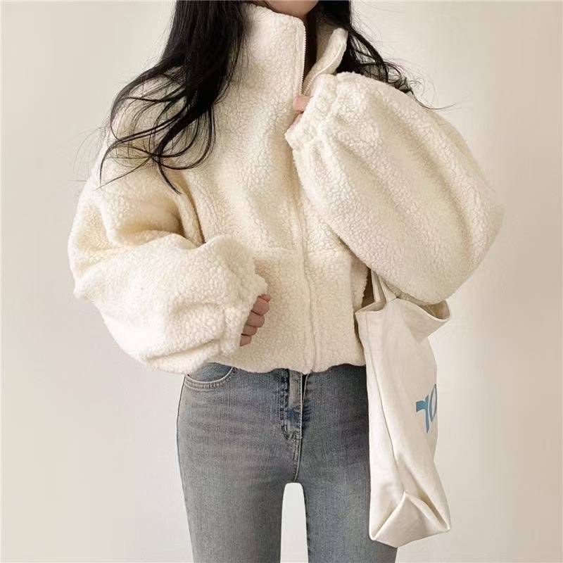 Women Stand Collar Cropped Zip - Sherpa Hoodie Fleece 评论和价格