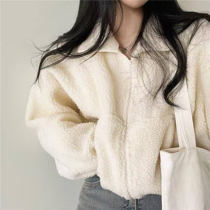 Women Stand Collar Cropped Zip - Sherpa Hoodie Fleece 评论和价格