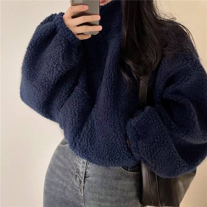 Women Stand Collar Cropped Zip - Sherpa Hoodie Fleece 评论和价格