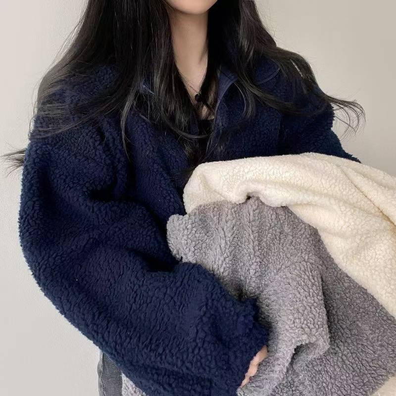 Women Stand Collar Cropped Zip - Sherpa Hoodie Fleece 评论和价格