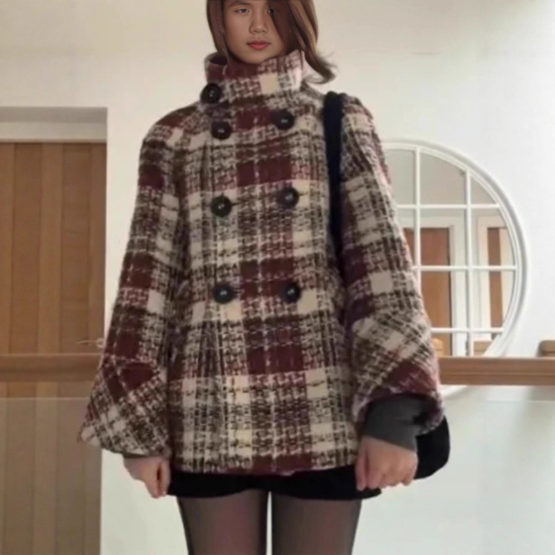 Warm Checkered Turtleneck Shou - Wool Coat Peacoat 评论和价格