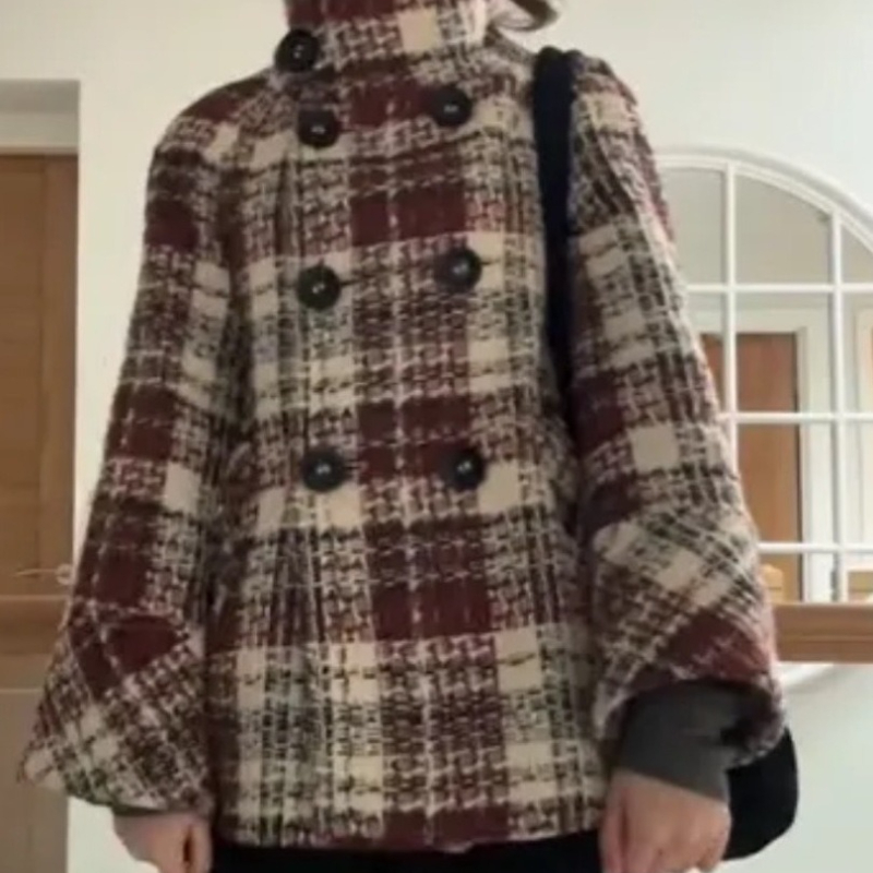 Warm Checkered Turtleneck Shou - Wool Coat Peacoat 评论和价格